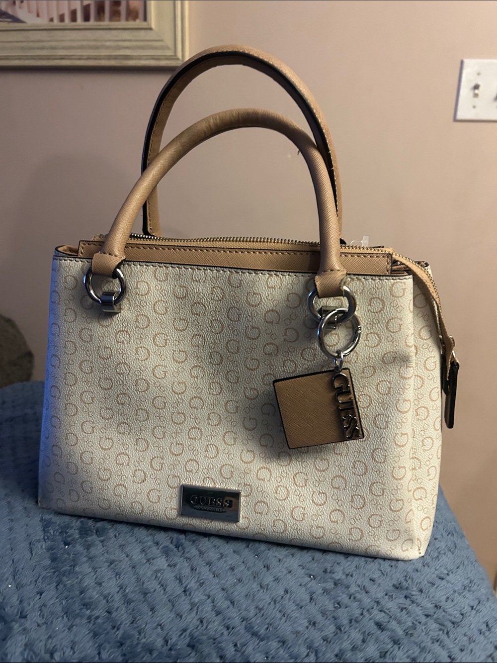 Guess Cream & Tan Logo Satchel with Silver Hardware